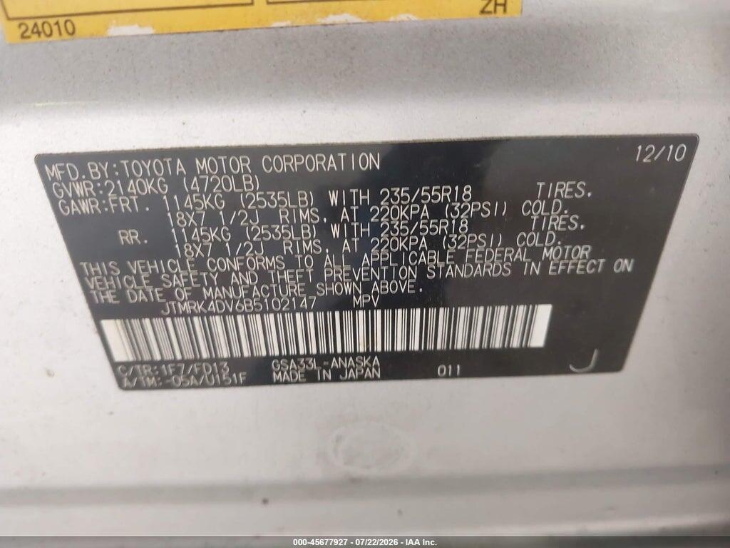JTMRK4DV6B5102147 2011 TOYOTA RAV4 photo no. 9