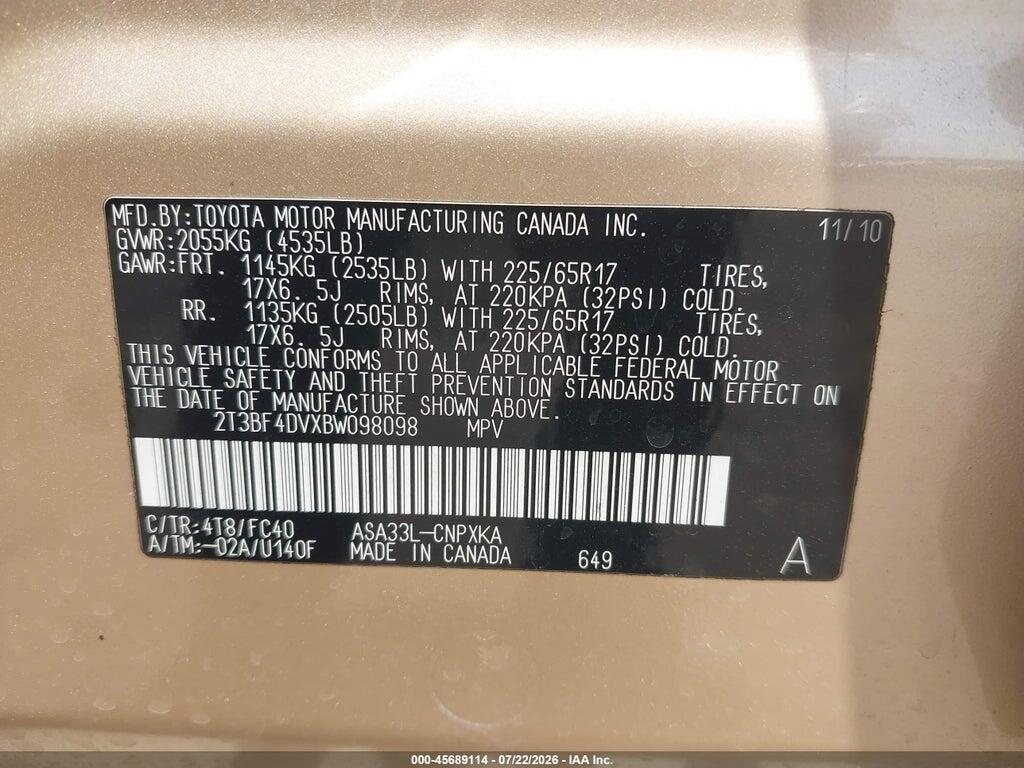 2T3BF4DVXBW098098 2011 TOYOTA RAV4 photo no. 9