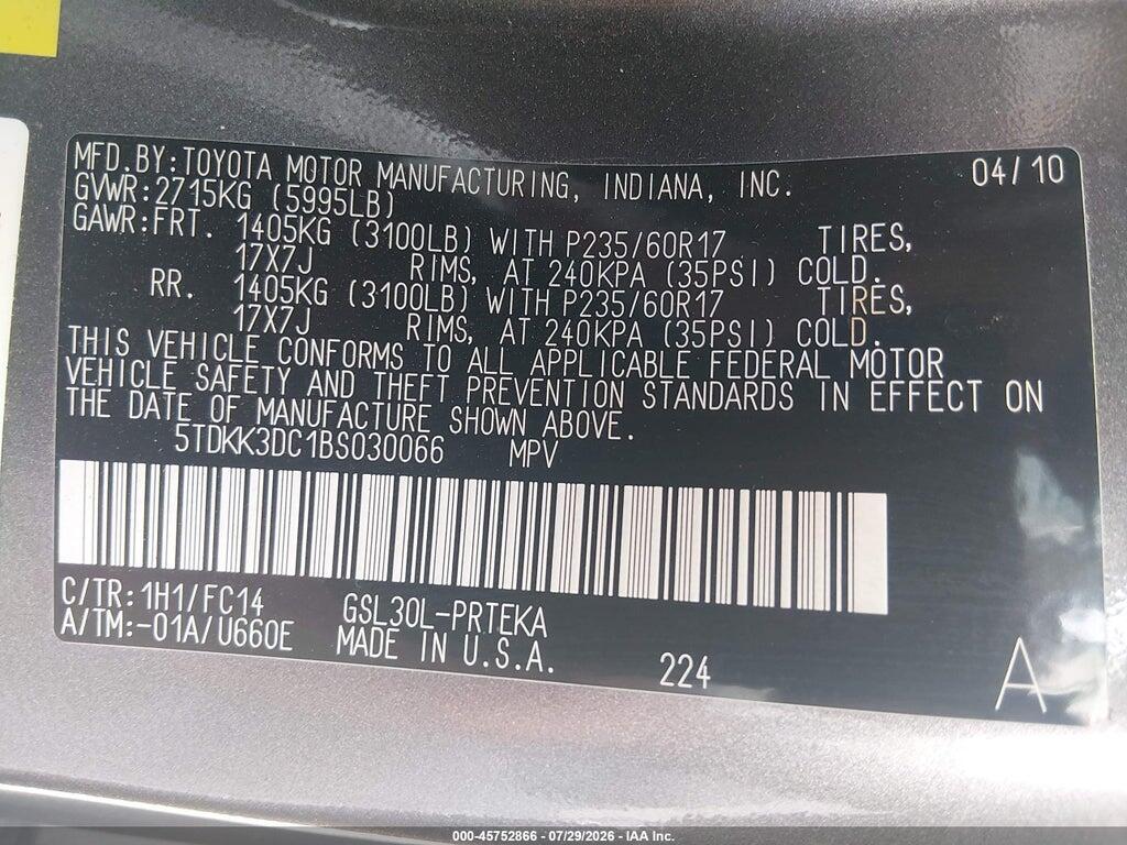 5TDKK3DC1BS030066 2011 TOYOTA SIENNA photo no. 9