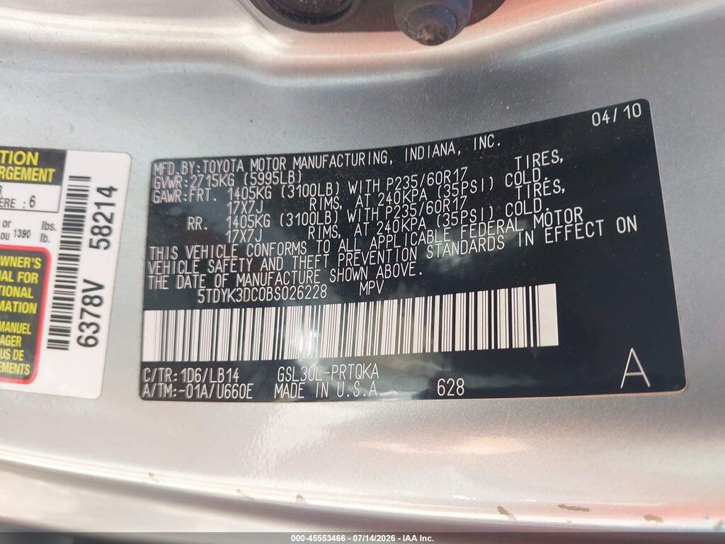 5TDYK3DC0BS026228 2011 TOYOTA SIENNA photo no. 9