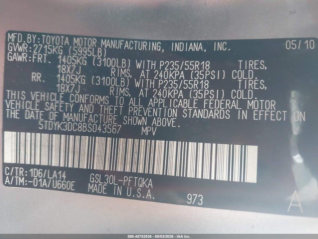 5TDYK3DC8BS043567 2011 TOYOTA SIENNA photo no. 9