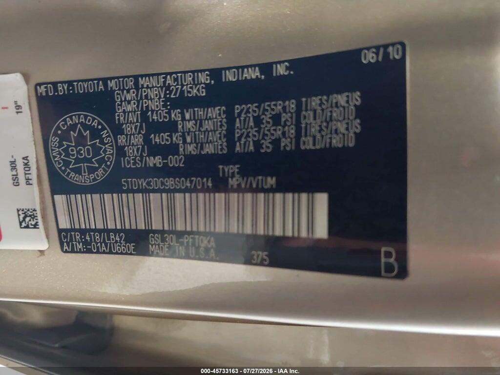 5TDYK3DC9BS047014 2011 TOYOTA SIENNA photo no. 9