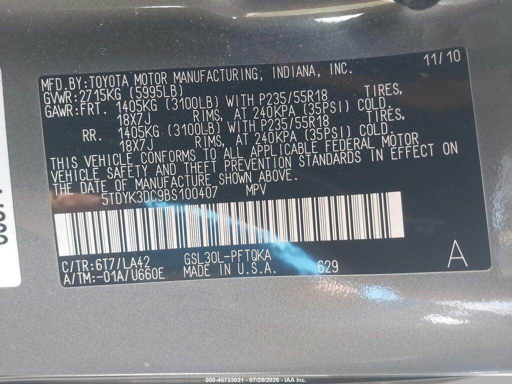 5TDYK3DC9BS100407 2011 TOYOTA SIENNA photo no. 9