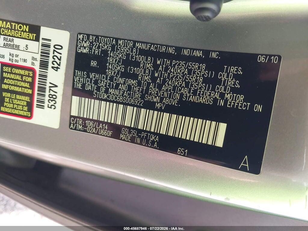 5TDDK3DC6BS006922 2011 TOYOTA SIENNA photo no. 9