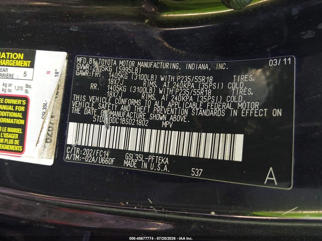 5TDJK3DC1BS021802 2011 TOYOTA SIENNA photo no. 9