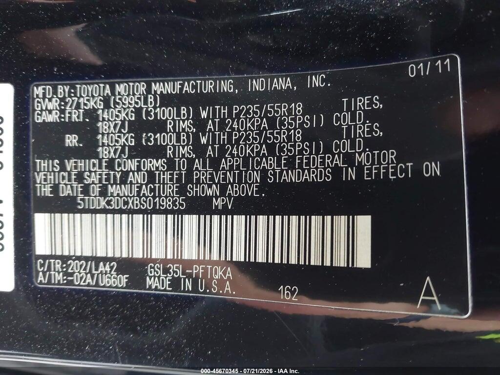 5TDDK3DCXBS019835 2011 TOYOTA SIENNA photo no. 9