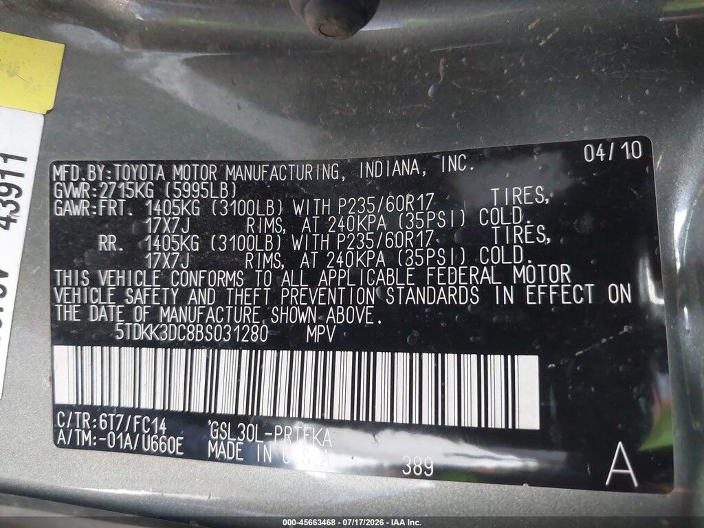 5TDKK3DC8BS031280 2011 TOYOTA SIENNA photo no. 9