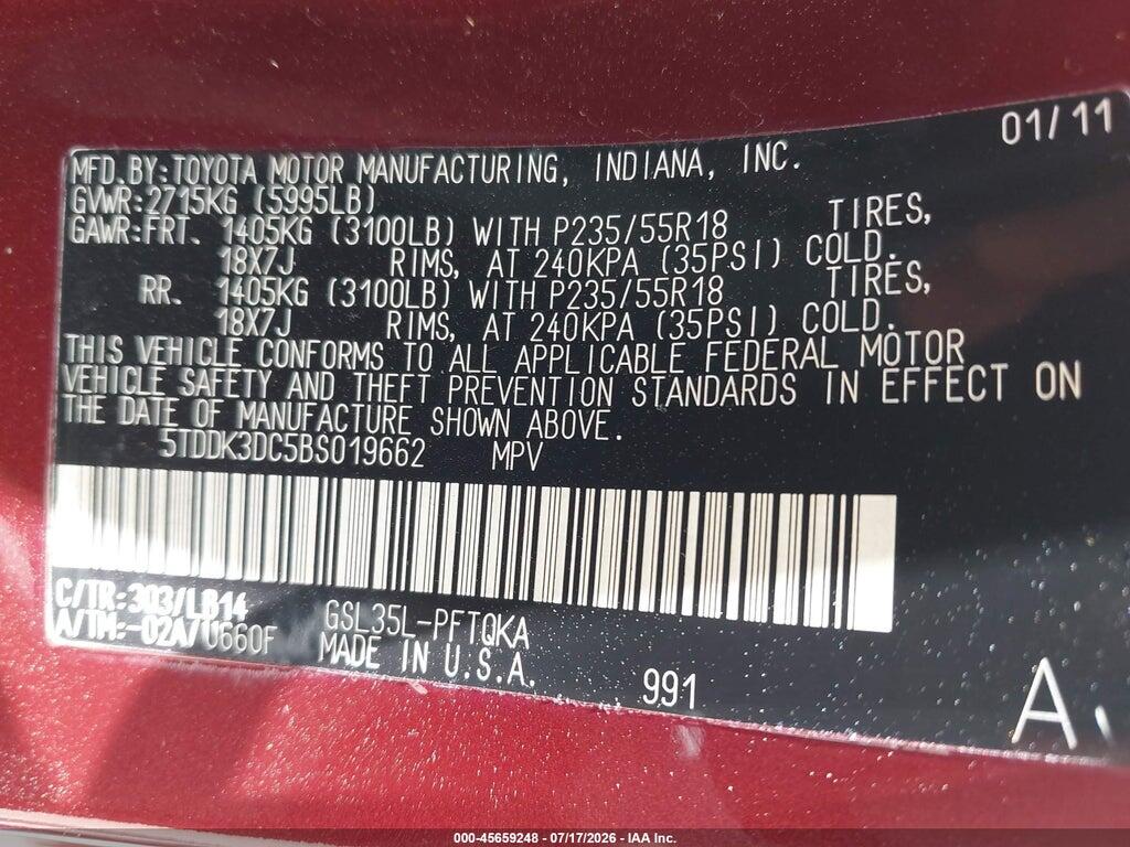5TDDK3DC5BS019662 2011 TOYOTA SIENNA photo no. 9