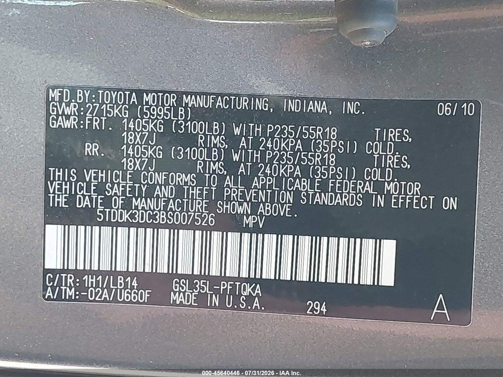 5TDDK3DC3BS007526 2011 TOYOTA SIENNA photo no. 9