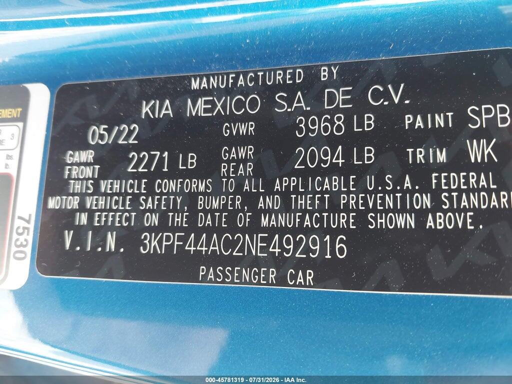 3KPF44AC2NE492916 2022 KIA FORTE photo no. 9