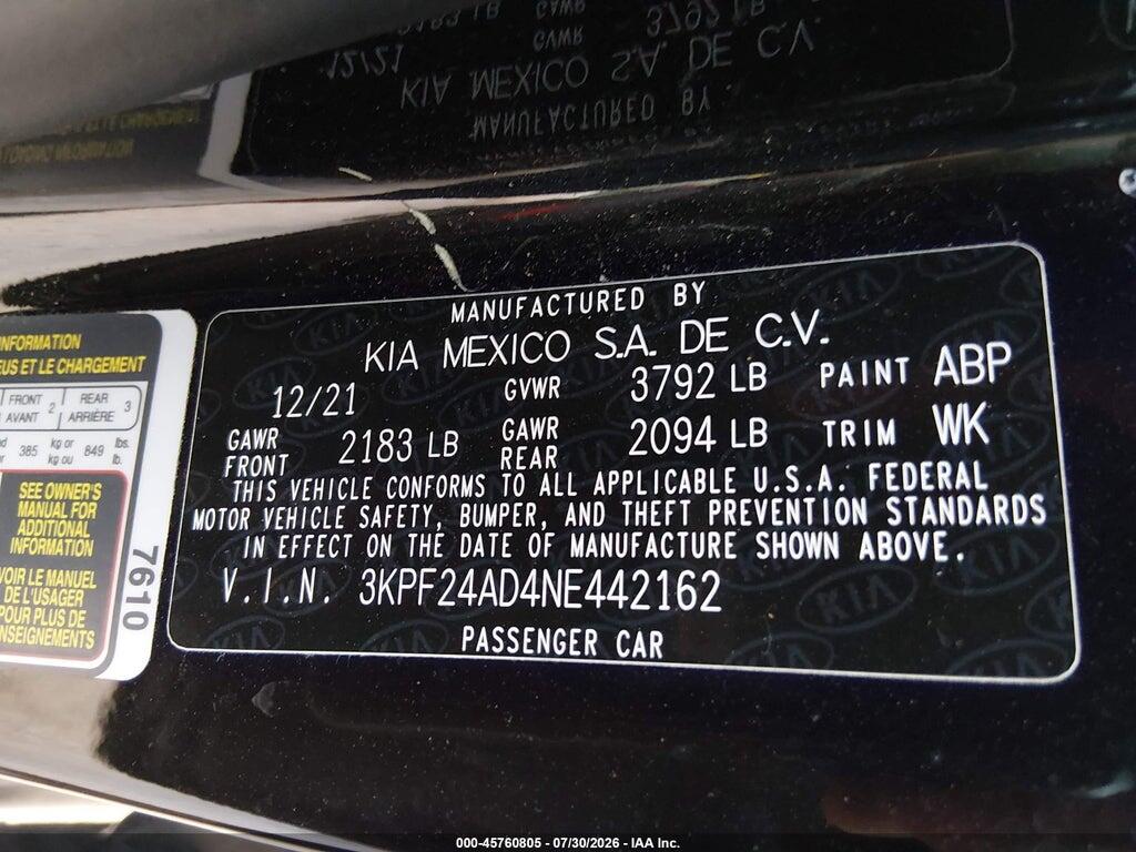 3KPF24AD4NE442162 2022 KIA FORTE photo no. 9