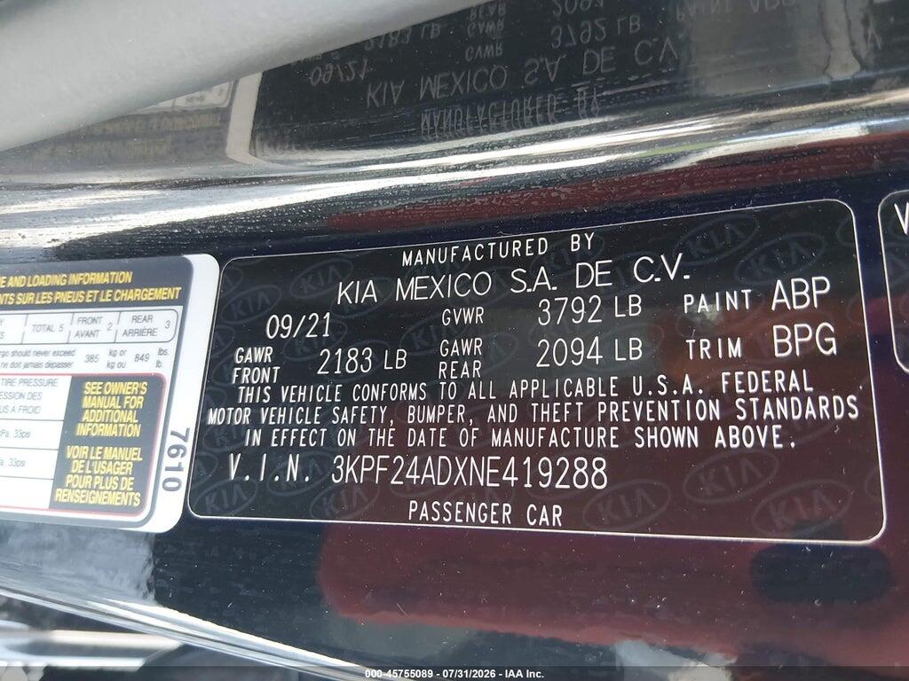 3KPF24ADXNE419288 2022 KIA FORTE photo no. 9