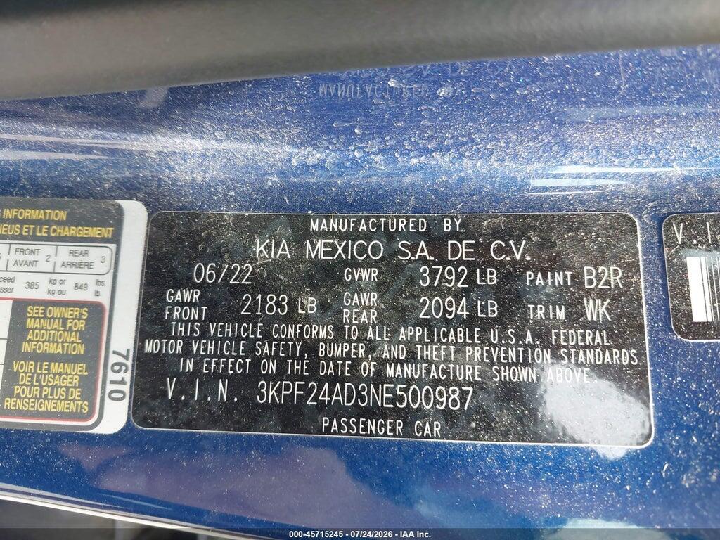3KPF24AD3NE500987 2022 KIA FORTE photo no. 9