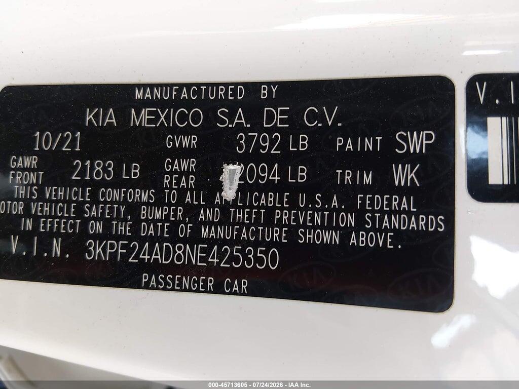 3KPF24AD8NE425350 2022 KIA FORTE photo no. 9