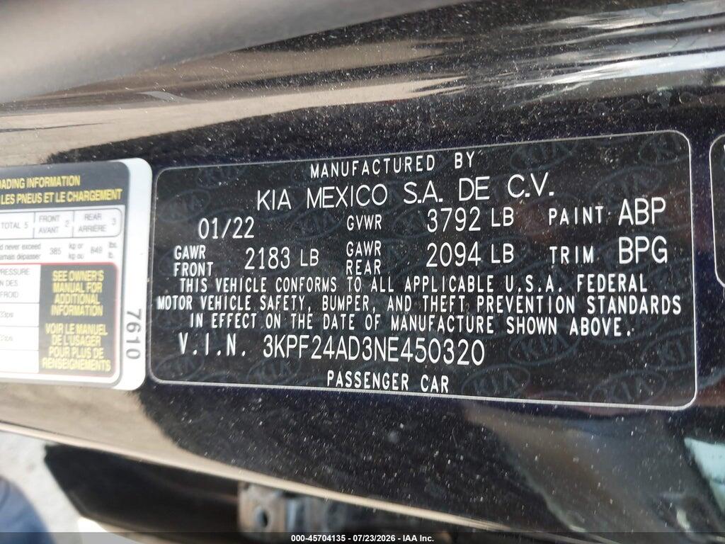 3KPF24AD3NE450320 2022 KIA FORTE photo no. 9