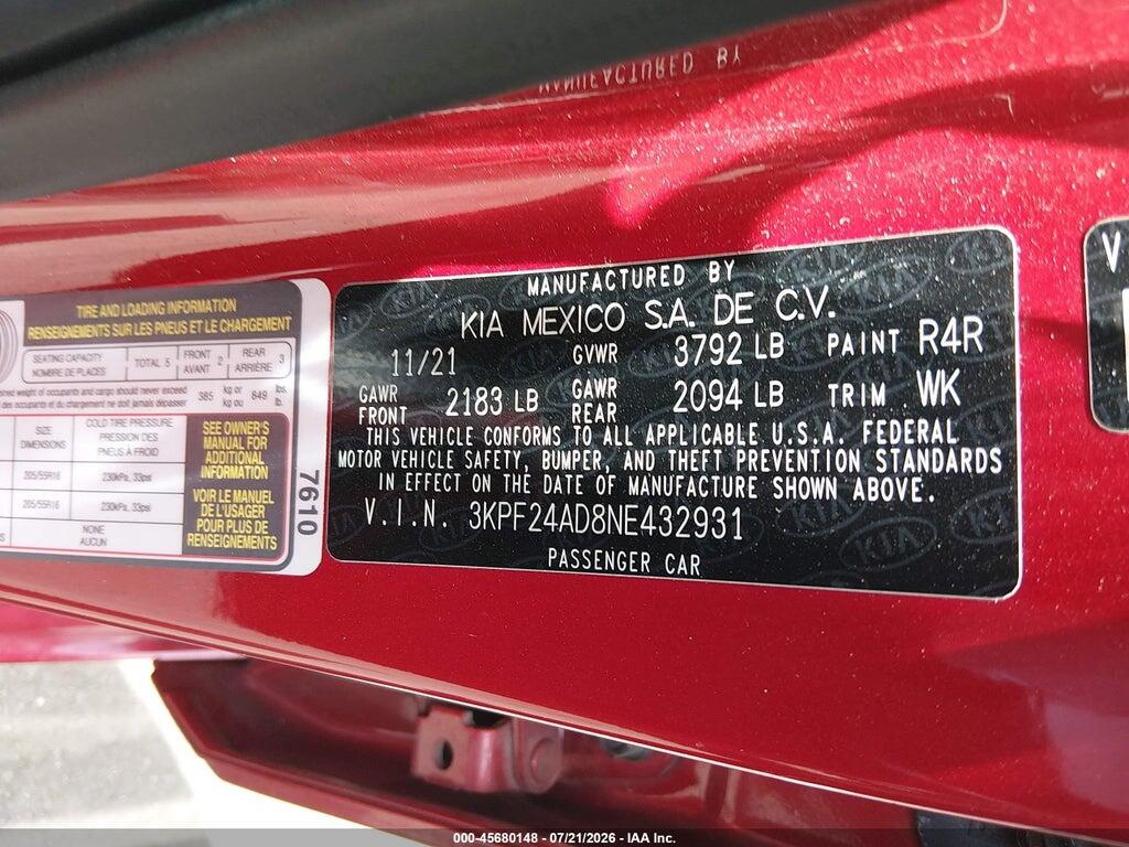 3KPF24AD8NE432931 2022 KIA FORTE photo no. 9