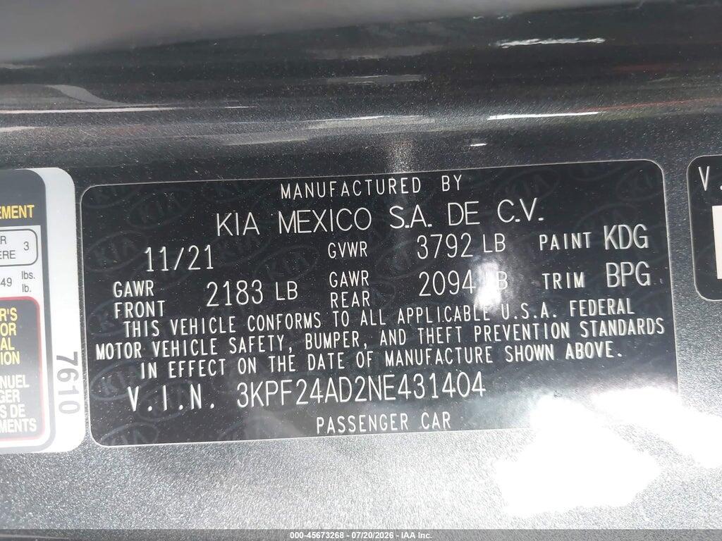 3KPF24AD2NE431404 2022 KIA FORTE photo no. 9