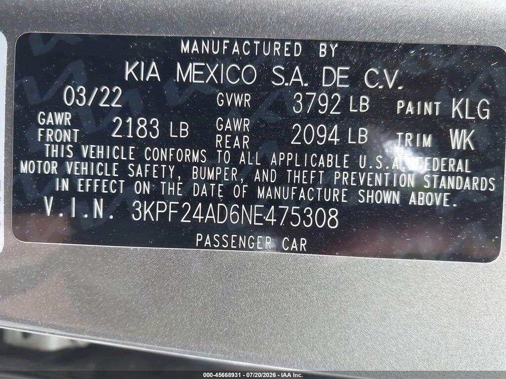 3KPF24AD6NE475308 2022 KIA FORTE photo no. 9