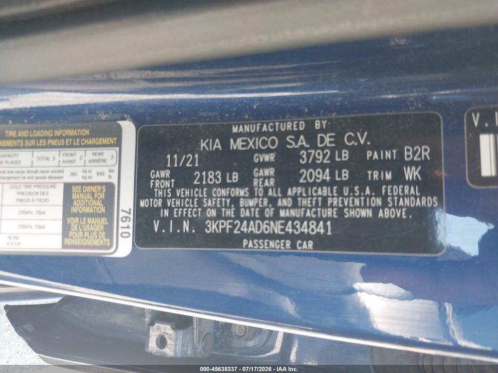 3KPF24AD6NE434841 2022 KIA FORTE photo no. 9