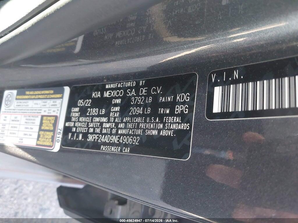 3KPF24AD9NE490692 2022 KIA FORTE photo no. 9