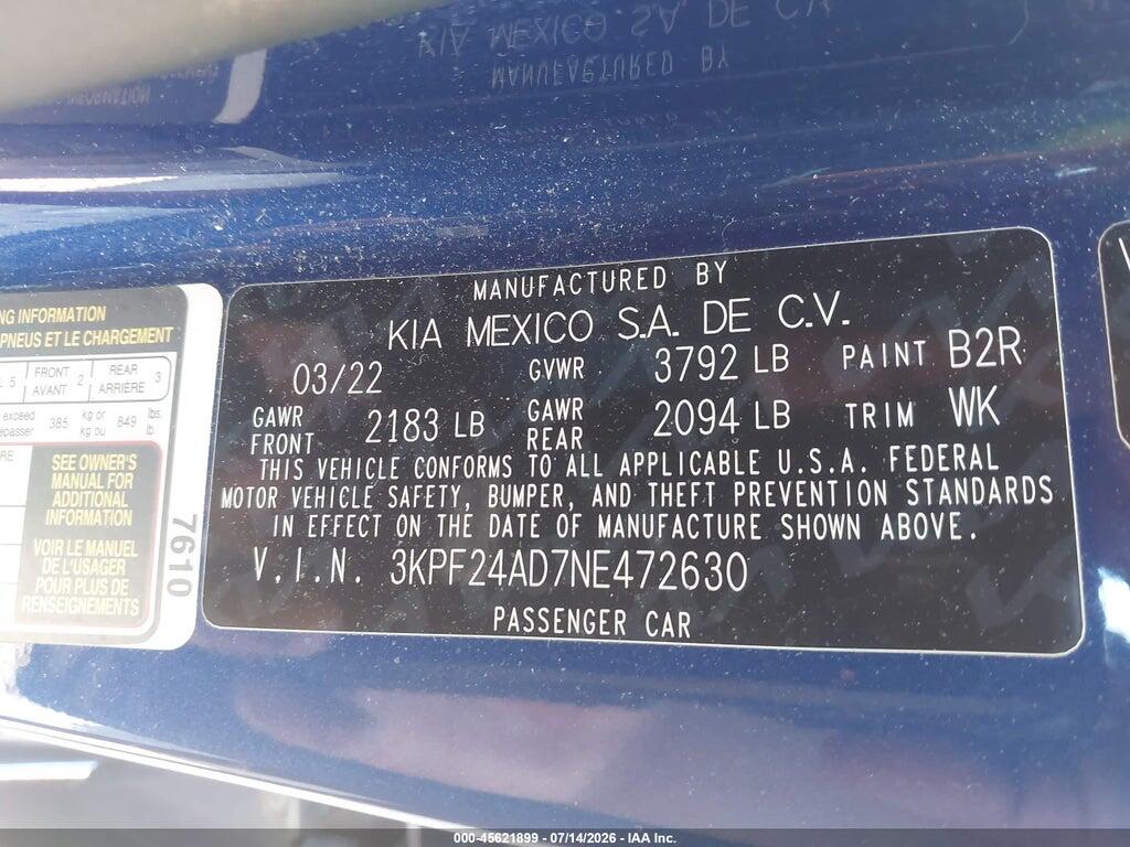 3KPF24AD7NE472630 2022 KIA FORTE photo no. 9