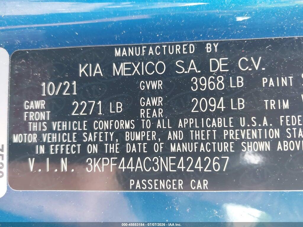 3KPF44AC3NE424267 2022 KIA FORTE photo no. 9
