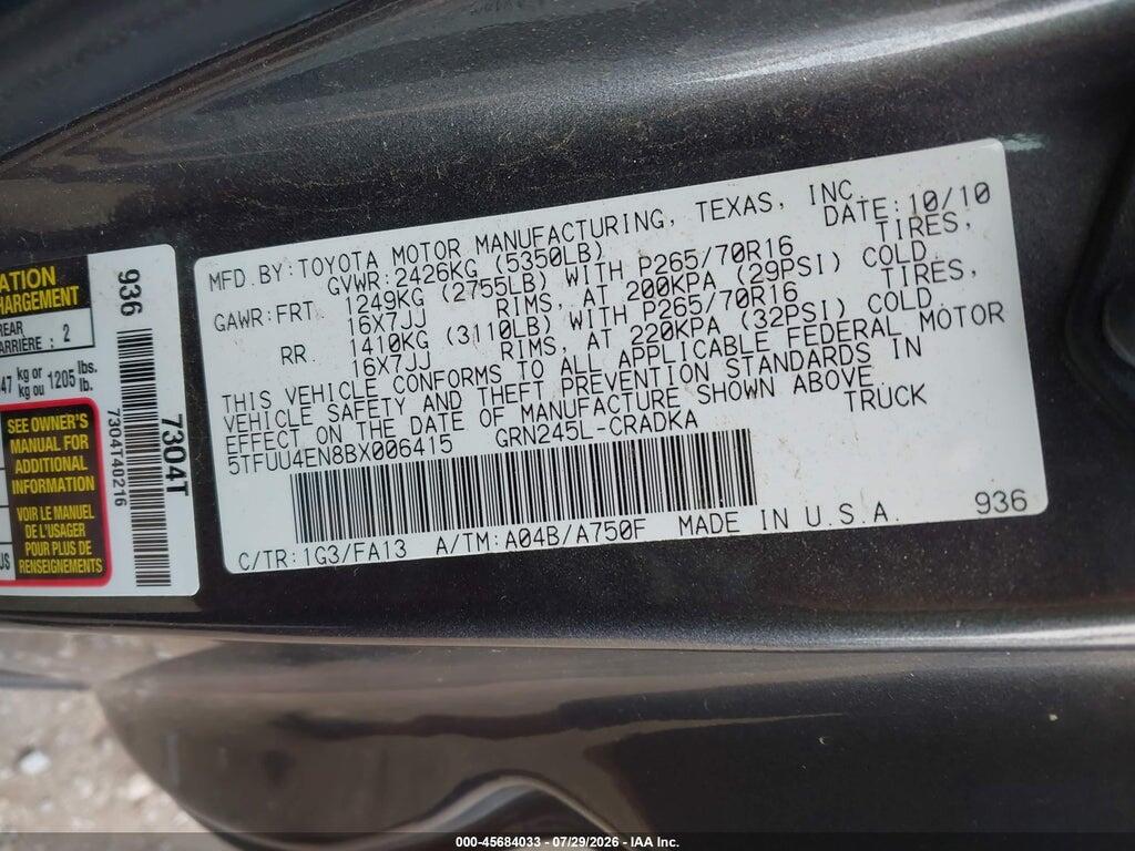 5TFUU4EN8BX006415 2011 TOYOTA TACOMA photo no. 9