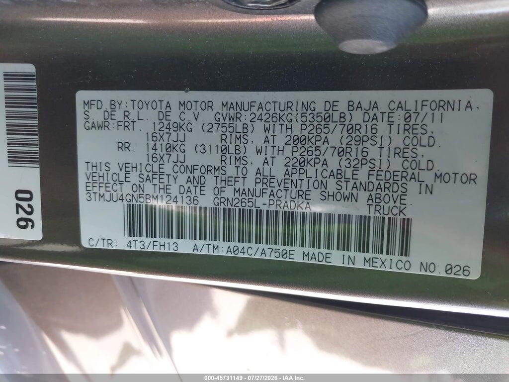 3TMJU4GN5BM124136 2011 TOYOTA TACOMA photo no. 9