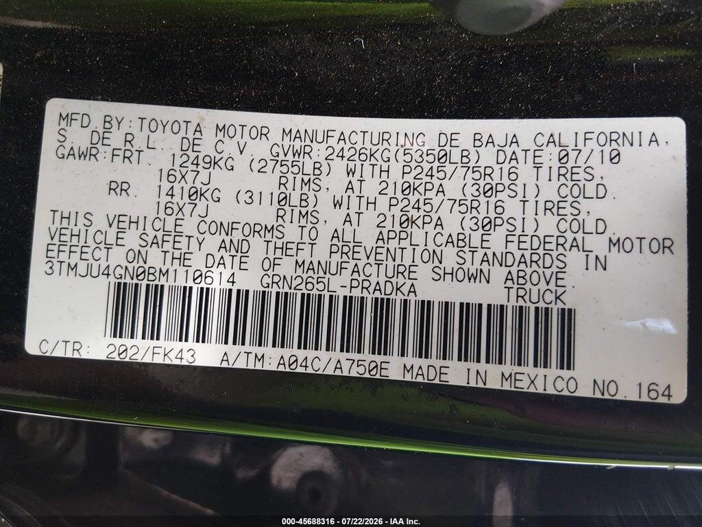 3TMJU4GN0BM110614 2011 TOYOTA TACOMA photo no. 9