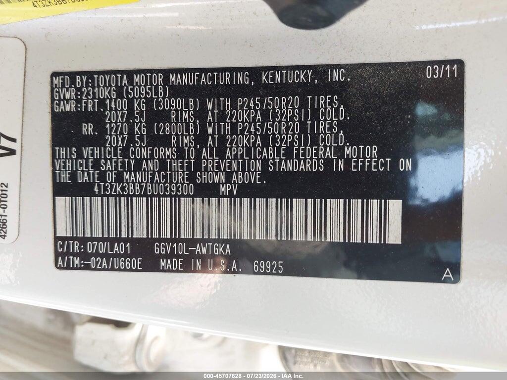 4T3ZK3BB7BU039300 2011 TOYOTA VENZA photo no. 9