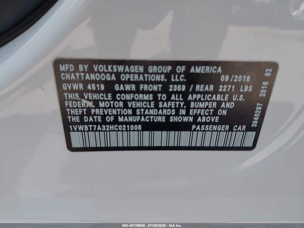 1VWBT7A32HC021005 2017 VOLKSWAGEN PASSAT photo no. 9