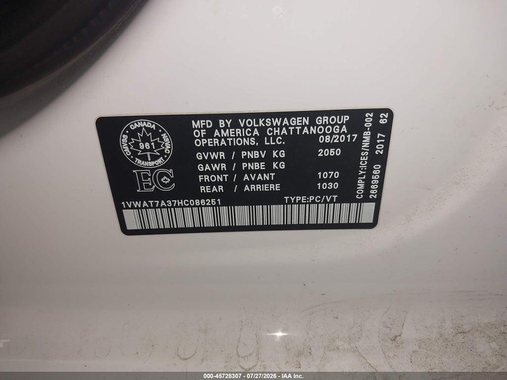 1VWAT7A37HC086251 2017 VOLKSWAGEN PASSAT photo no. 9