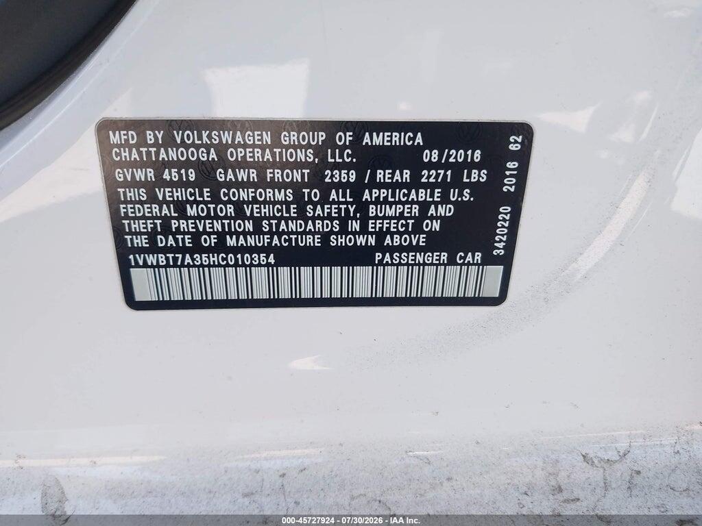 1VWBT7A35HC010354 2017 VOLKSWAGEN PASSAT photo no. 9