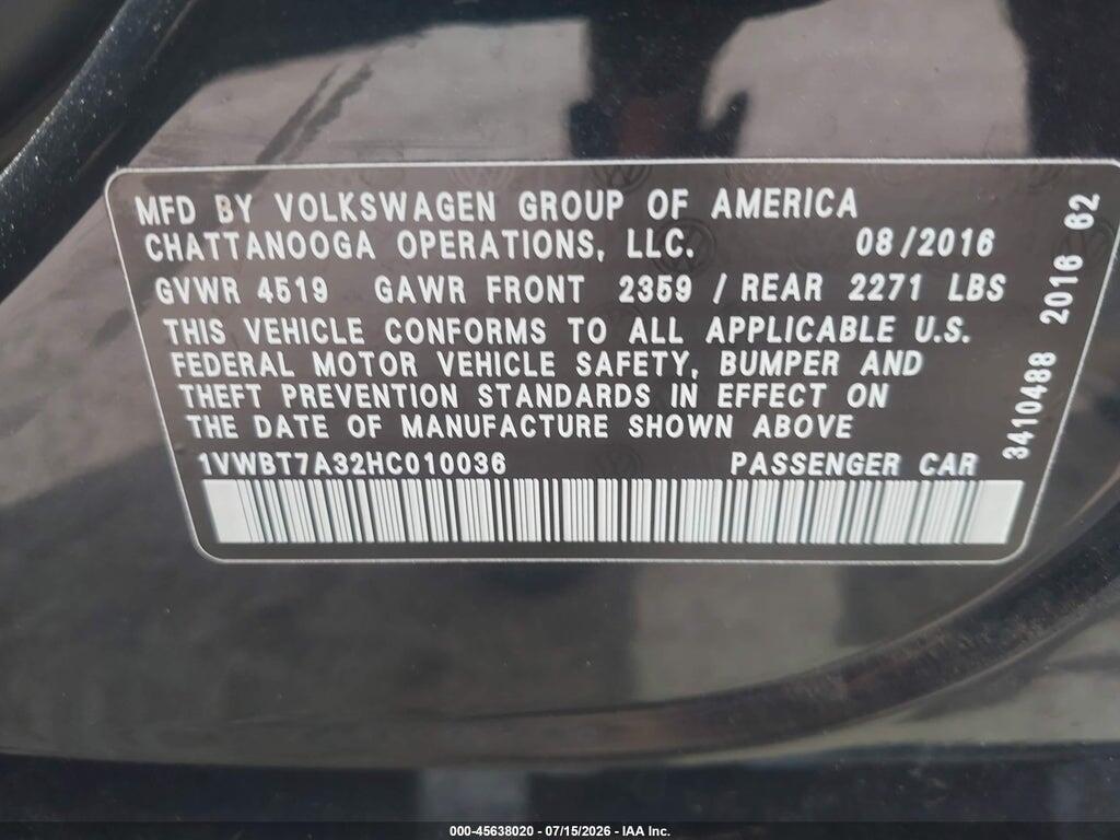 1VWBT7A32HC010036 2017 VOLKSWAGEN PASSAT photo no. 9
