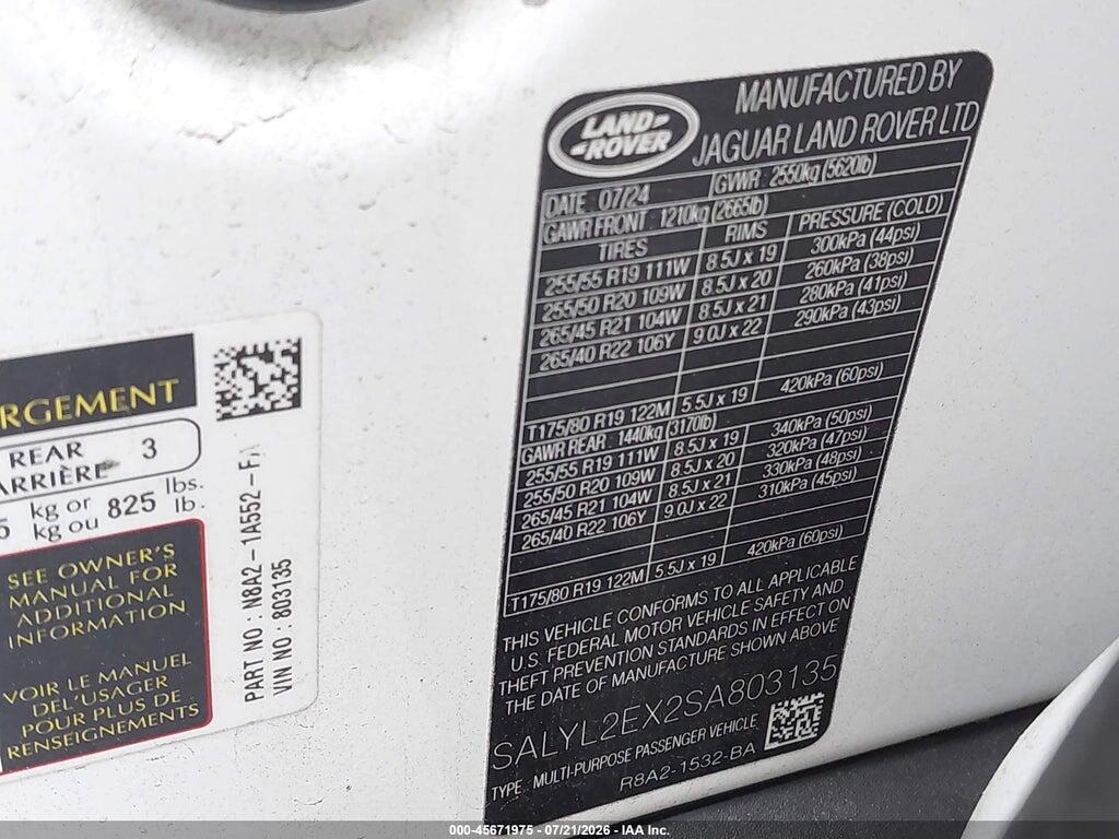 SALYL2EX2SA803135 2025 LAND ROVER RANGE ROVER VELAR photo no. 9