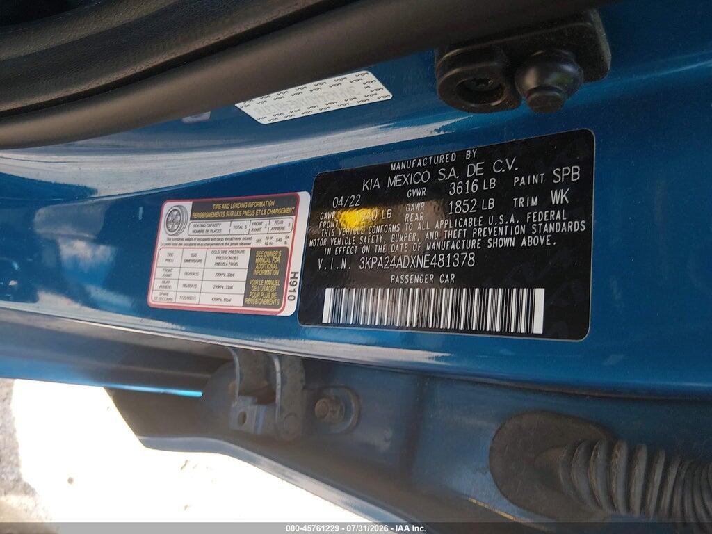 3KPA24ADXNE481378 2022 KIA RIO photo no. 9
