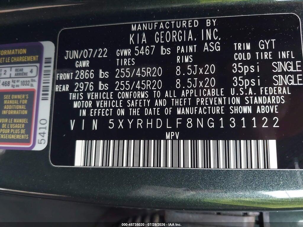 5XYRHDLF8NG131122 2022 KIA SORENTO photo no. 9