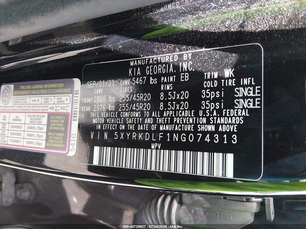 5XYRKDLF1NG074313 2022 KIA SORENTO photo no. 9