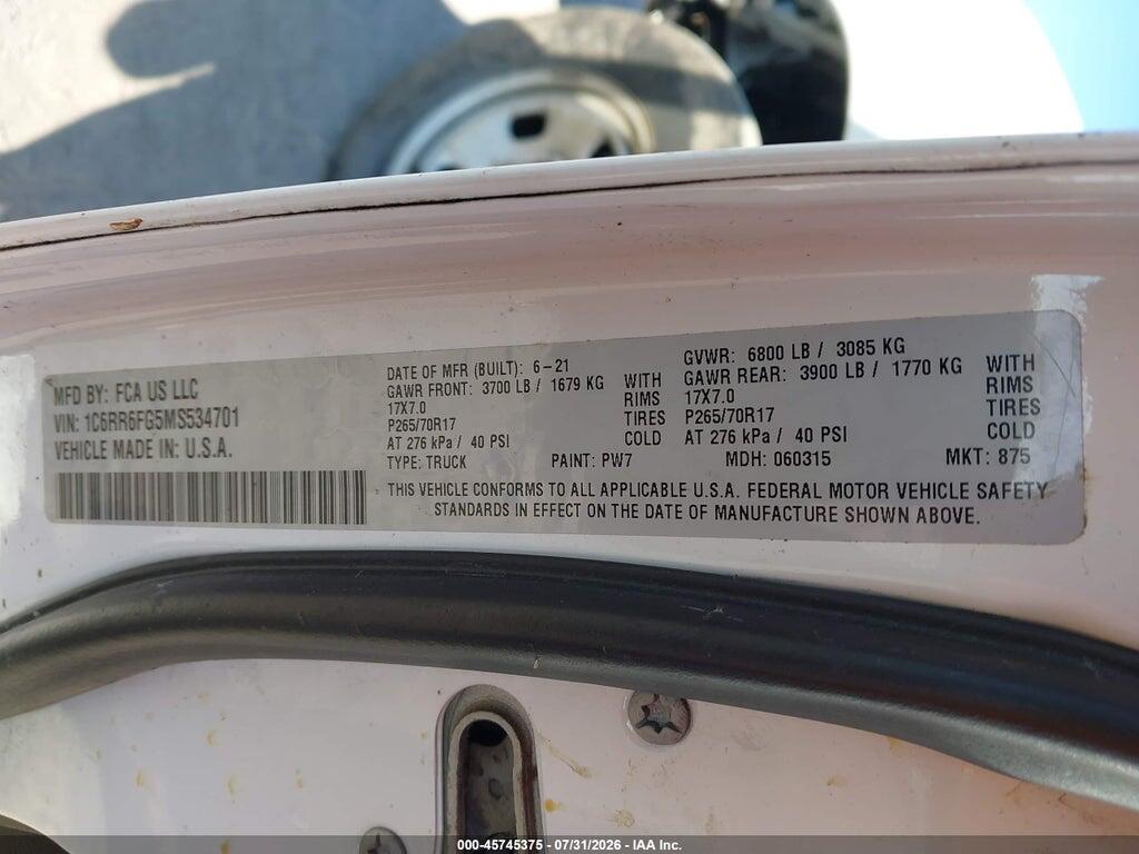 1C6RR6FG5MS534701 2021 RAM 1500 CLASSIC photo no. 9