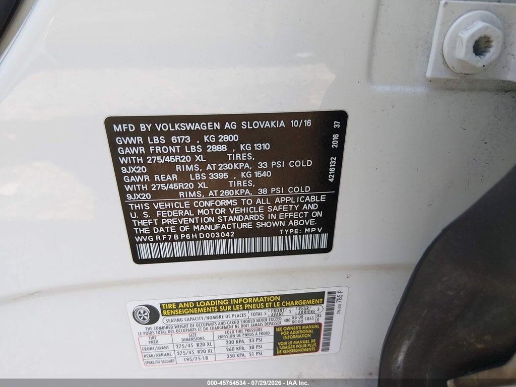 WVGRF7BP6HD003042 2017 VOLKSWAGEN TOUAREG photo no. 9