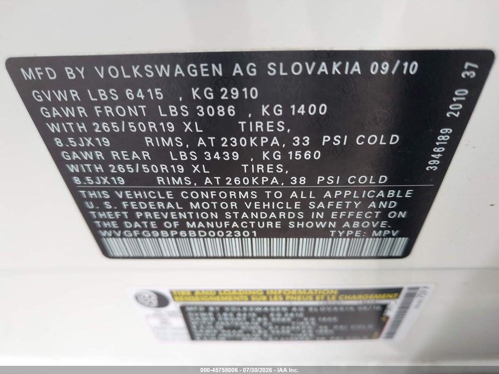 WVGFG9BP6BD002301 2011 VOLKSWAGEN TOUAREG HYBRID photo no. 9