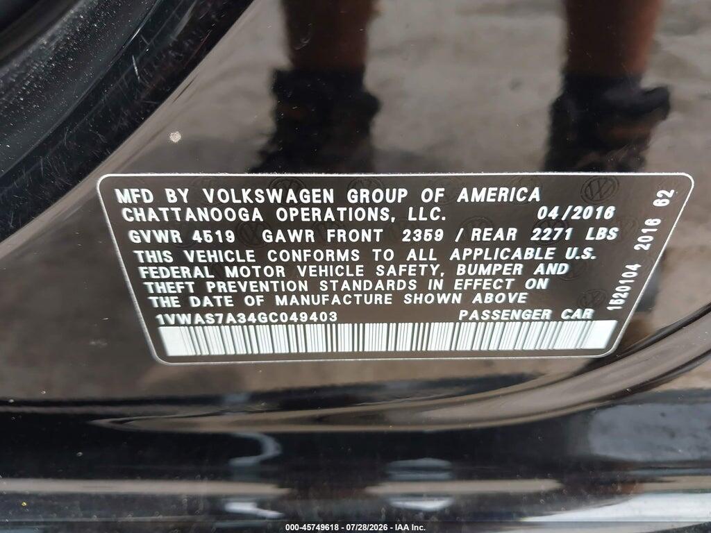 1VWAS7A34GC049403 2016 VOLKSWAGEN PASSAT photo no. 9