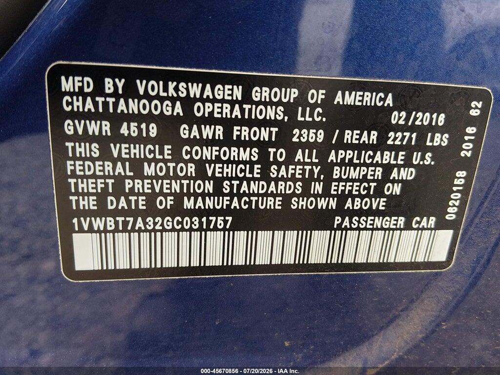 1VWBT7A32GC031757 2016 VOLKSWAGEN PASSAT photo no. 9