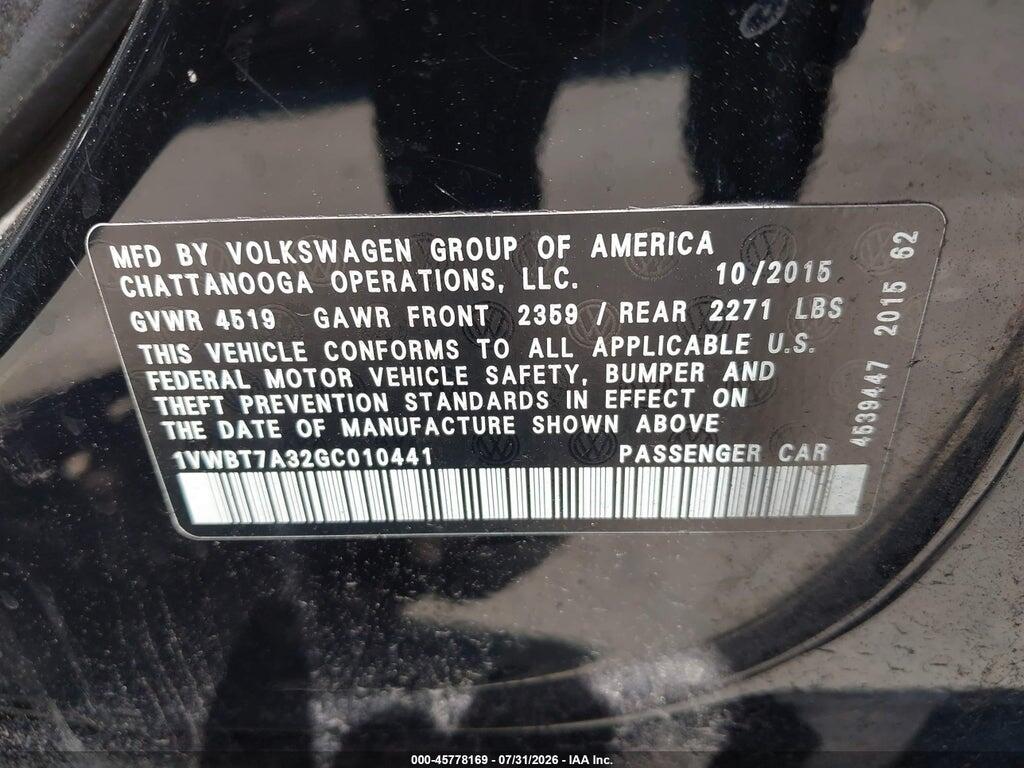 1VWBT7A32GC010441 2016 VOLKSWAGEN PASSAT photo no. 9
