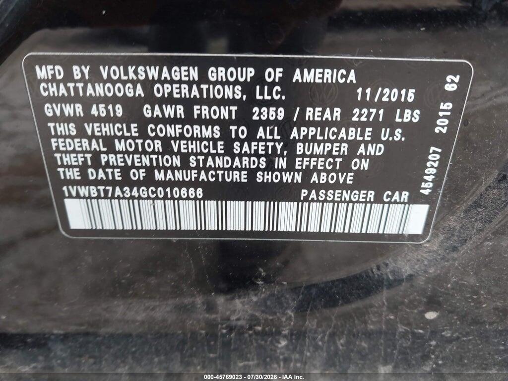 1VWBT7A34GC010666 2016 VOLKSWAGEN PASSAT photo no. 9