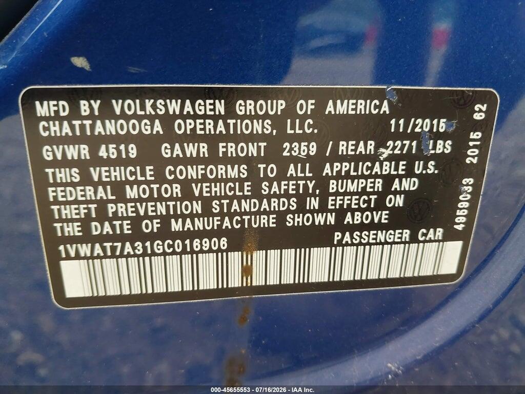 1VWAT7A31GC016906 2016 VOLKSWAGEN PASSAT photo no. 9