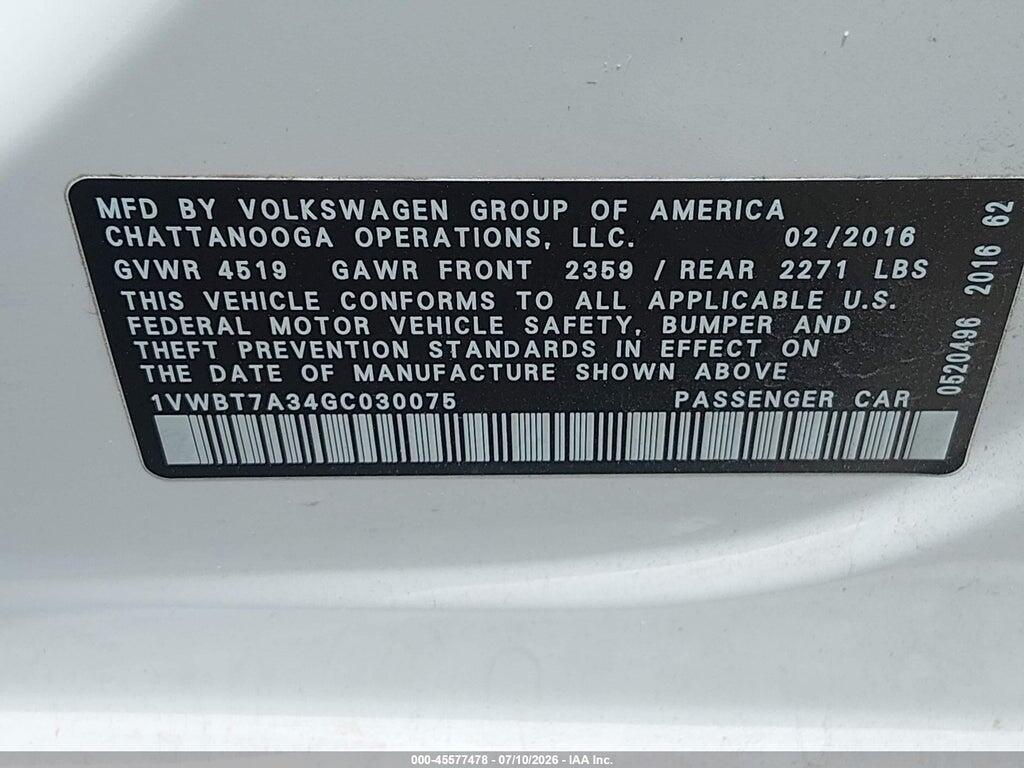 1VWBT7A34GC030075 2016 VOLKSWAGEN PASSAT photo no. 9
