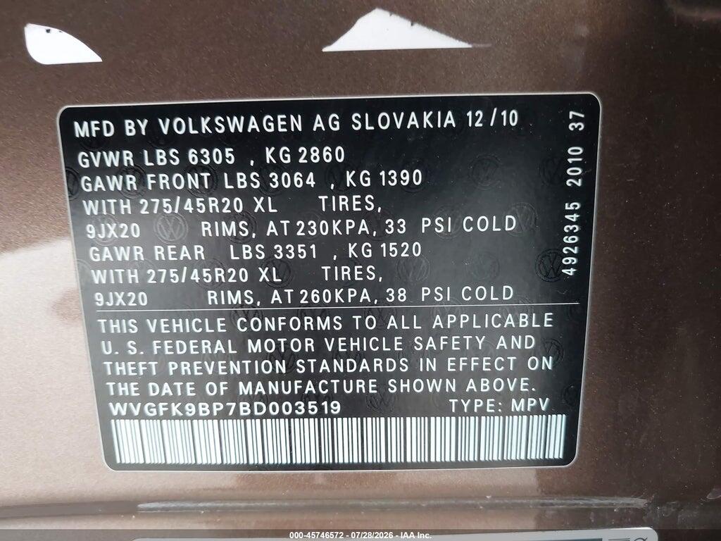 WVGFK9BP7BD003519 2011 VOLKSWAGEN TOUAREG photo no. 9