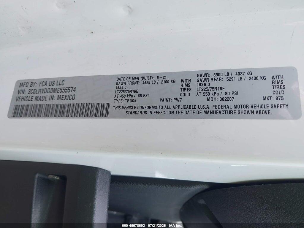 3C6LRVDG0ME555574 2021 RAM PROMASTER 2500 photo no. 9