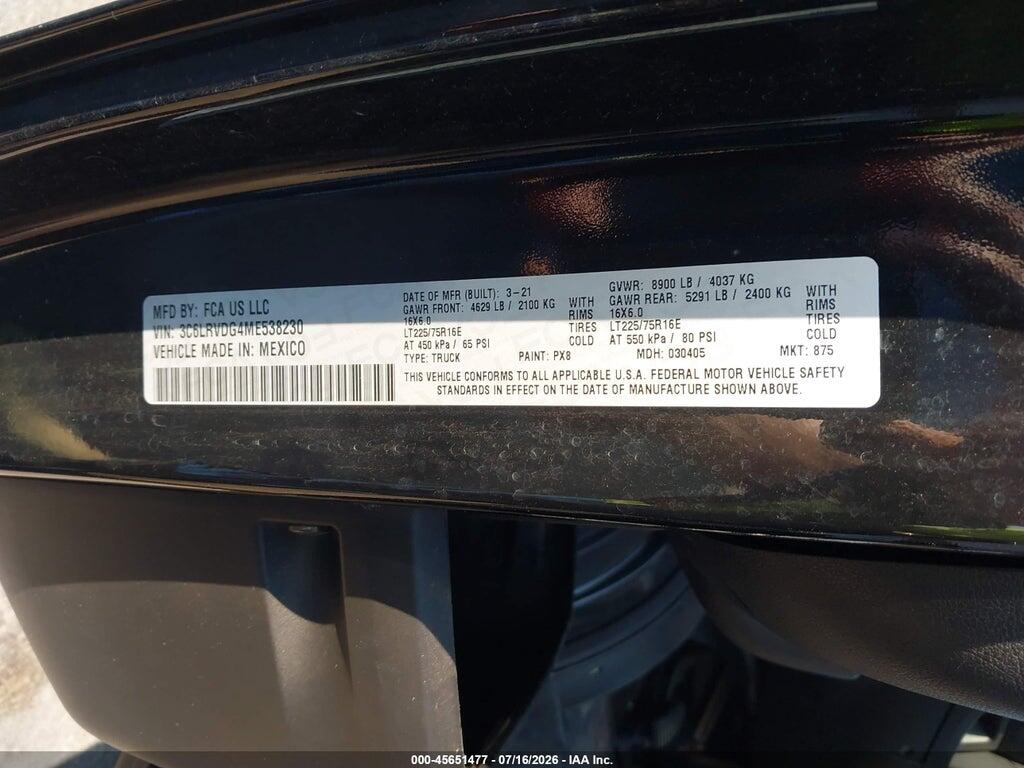3C6LRVDG4ME538230 2021 RAM PROMASTER 2500 photo no. 9